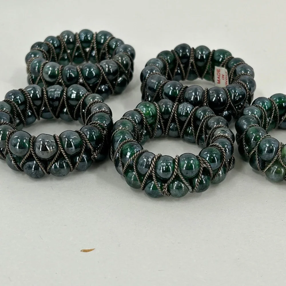 Vintage Beaded Napkin Rings Set of 5 Green Glass Silver Wire Boho Made in India